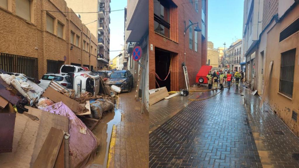 Una calle en Catarroja, antes y después de la intervención del operativo aragonés