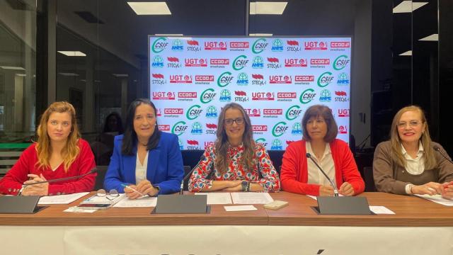 De derecha a izquierda están Elena Calderón, CCO, Christina Fulconis, STECYL, Isabel Madruga, CSIF, Pilar Gredilla, ANPE y Beatriz García, UGT.