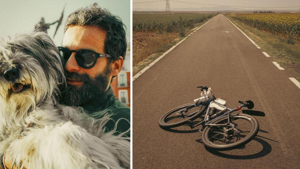 Sergio con su perro y su bici.