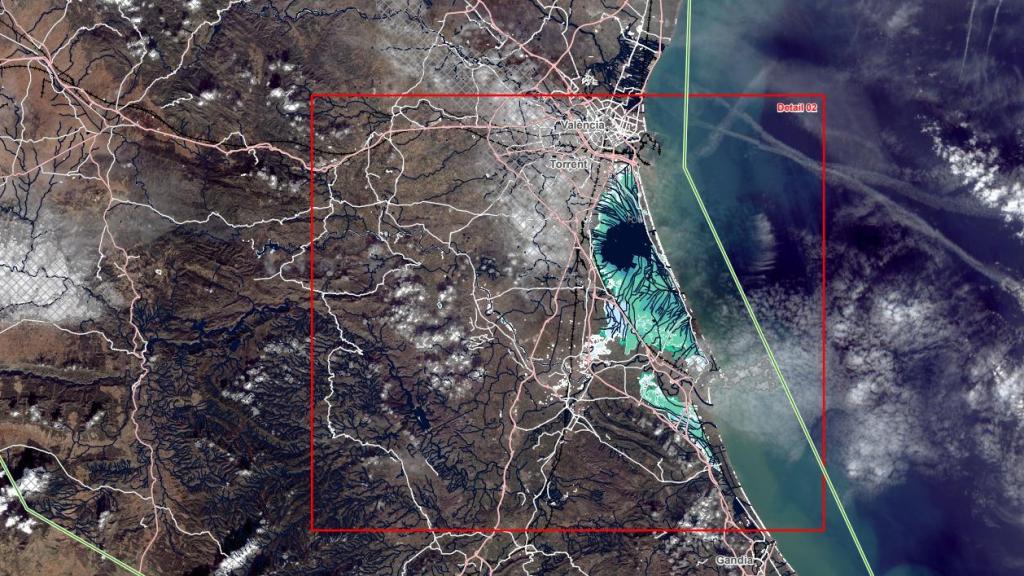 Vista de la provincia de Valencia afectada por la DANA, del 6 de noviembre a las 7:08. Mapa elaborado por Telespazio Ibérica.