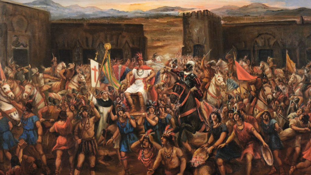 Óleo de Juan B. Lepiani que representa la captura de Atahualpa en Cajamarca.