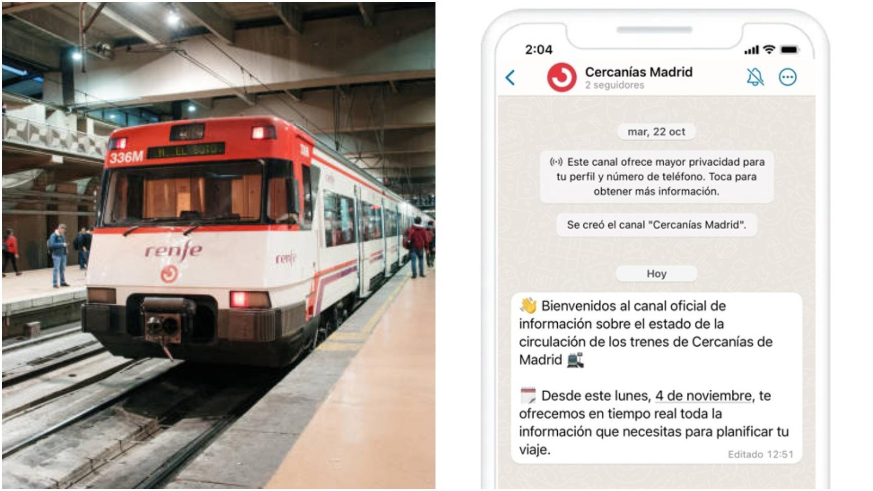 Un tren de Cercanías y los nuevos mensajes de WhatsApp.