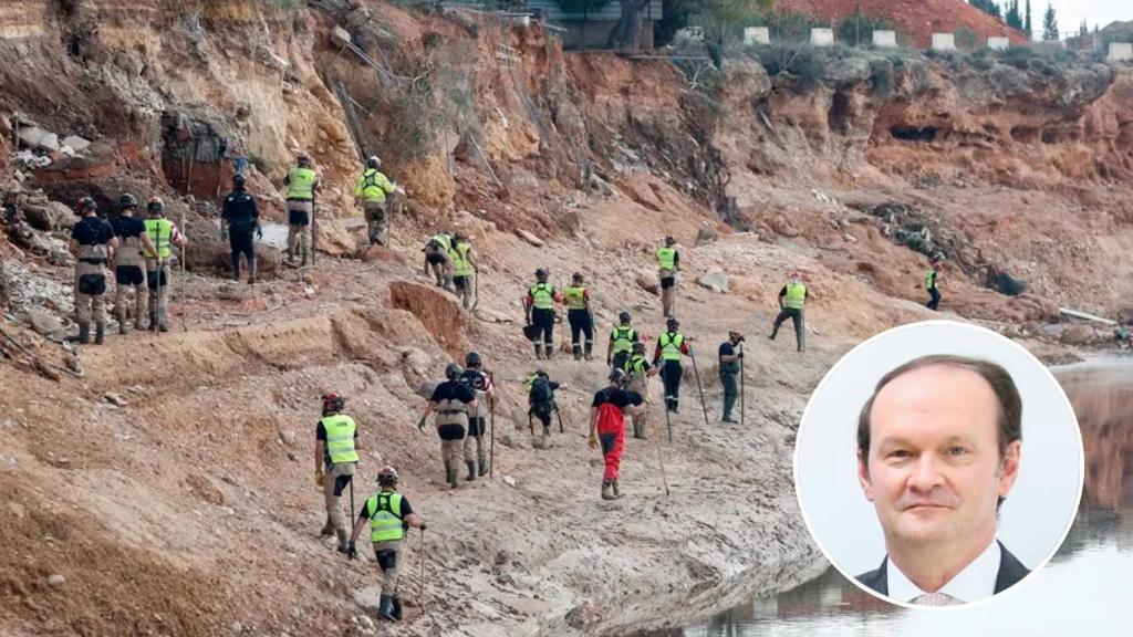 Fotomontaje de Emilio Donat y miembros de la UME realizando búsquedas de desaparecidos por la DANA en Valencia.