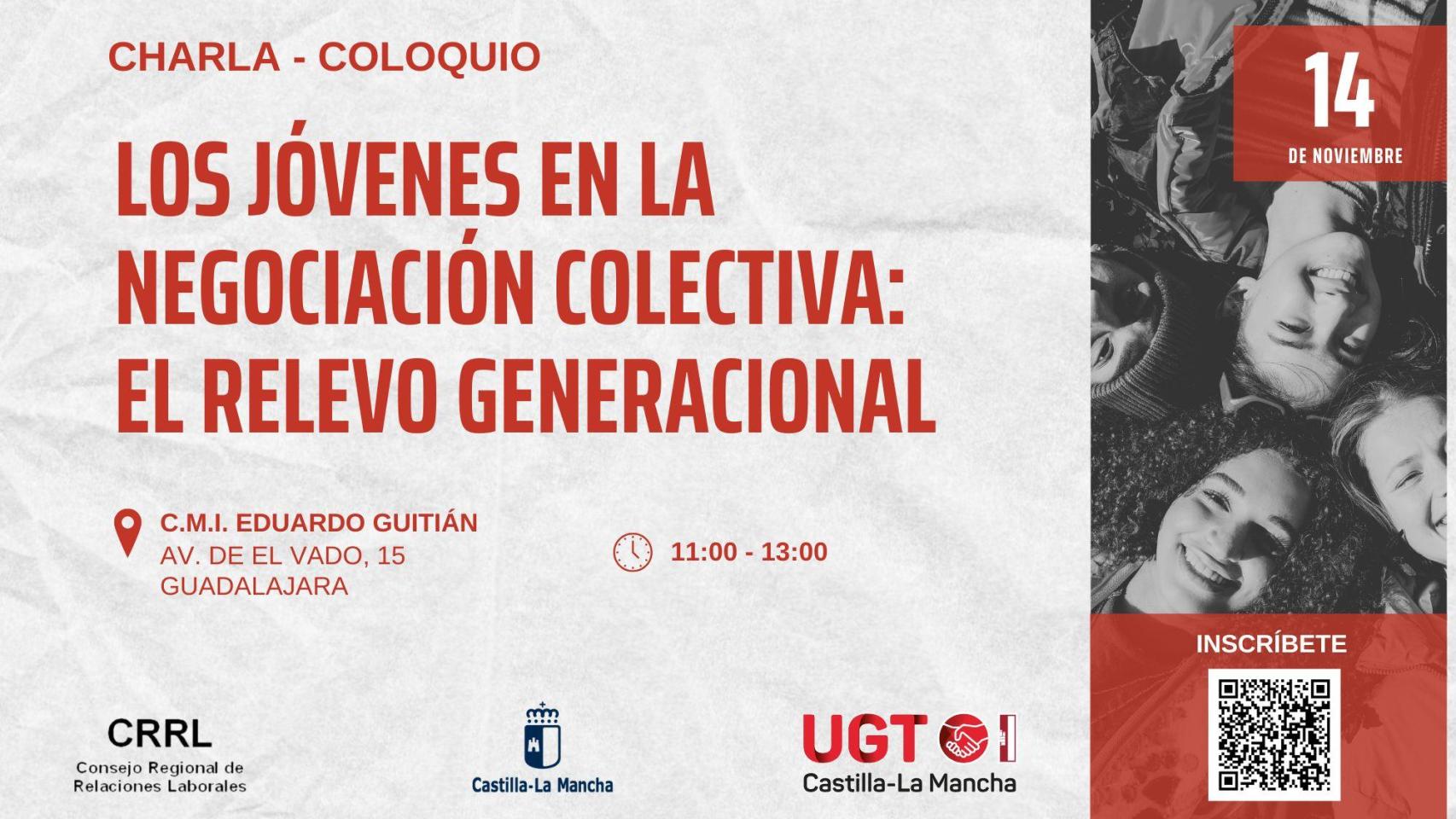 Cartel de la charla-coloquio sobre la negociación colectiva en jóvenes organizada por UGT Castilla-La Mancha  en Guadalajara.