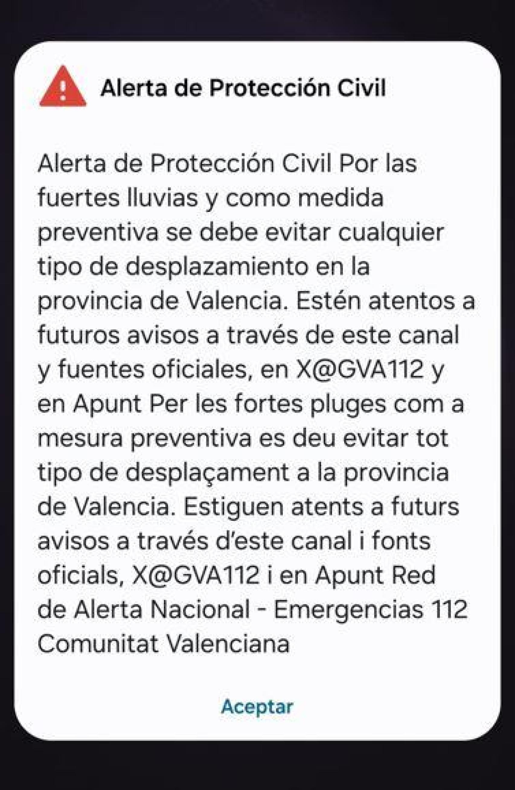 Aviso Es-Alert a la población de a provincia de Valencia, enviado a las 20.11 del martes 29 de octubre.