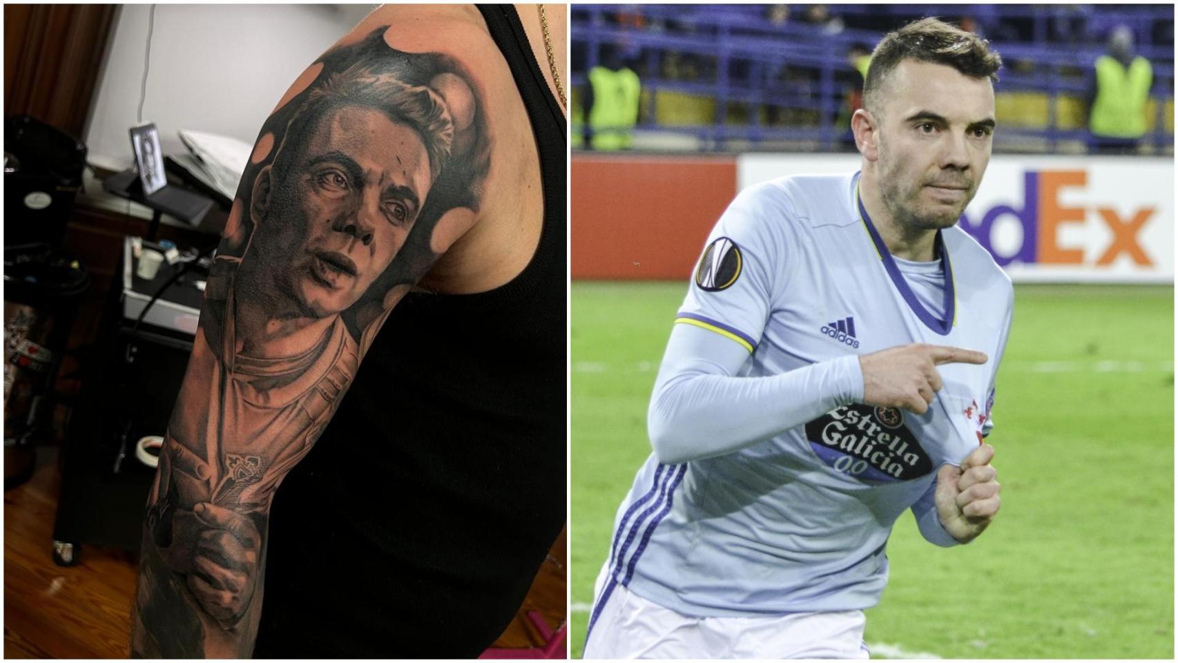 A la izquierda, el tatuaje, a la derecha, el jugador del Celta Iago Aspas.