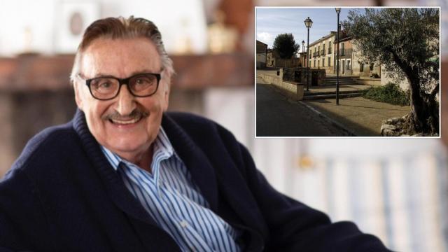 El actor Emilio Laguna junto a una imagen de la plaza de Cubillas de Santa Marta (Valladolid)