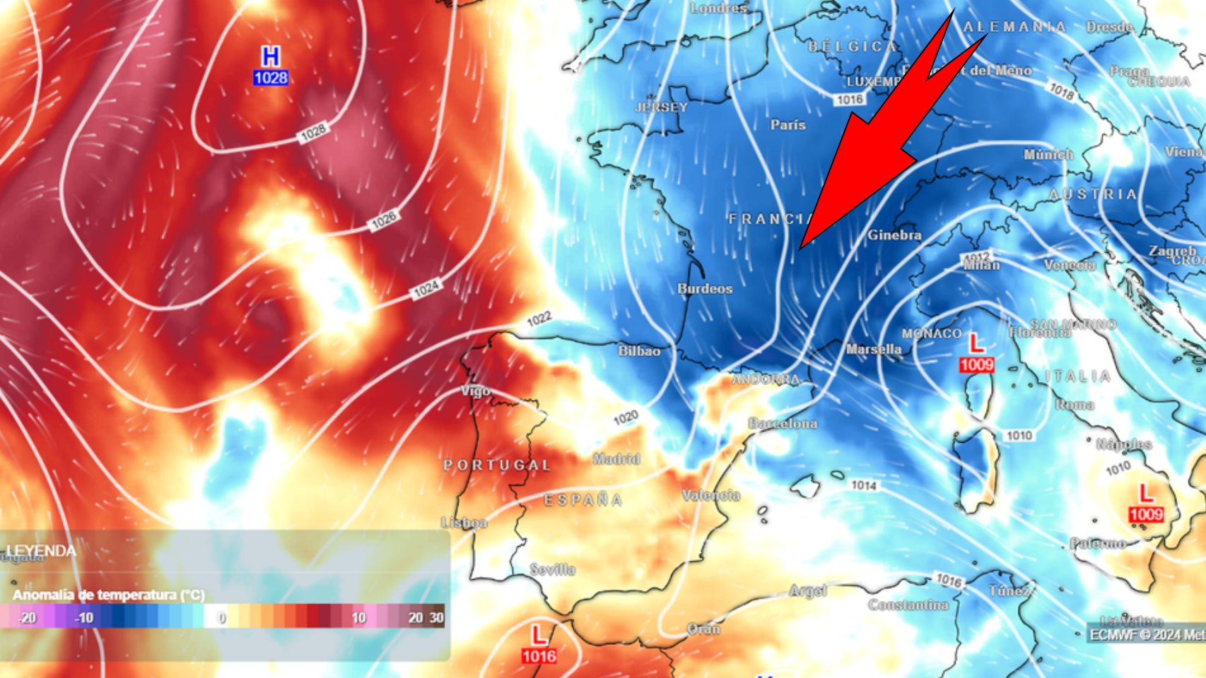 La entrada de la masa polar de aire frío prevista para mediados de la semana que viene. Meteored.