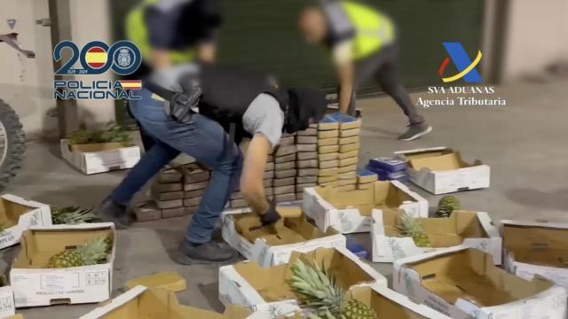 Policías sacando cocaína escondida en cajas de piña en una nave en Estepona.