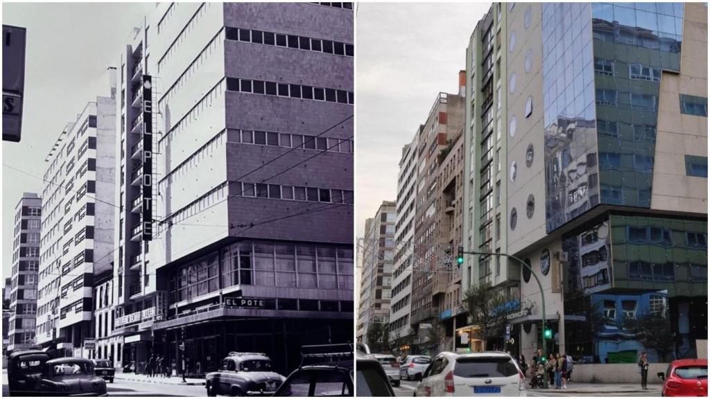 A la izquierda, edificio de El Pote en la calle Juan Flórez; a la dereche, el hotel Hesperia en el mismo lugar.