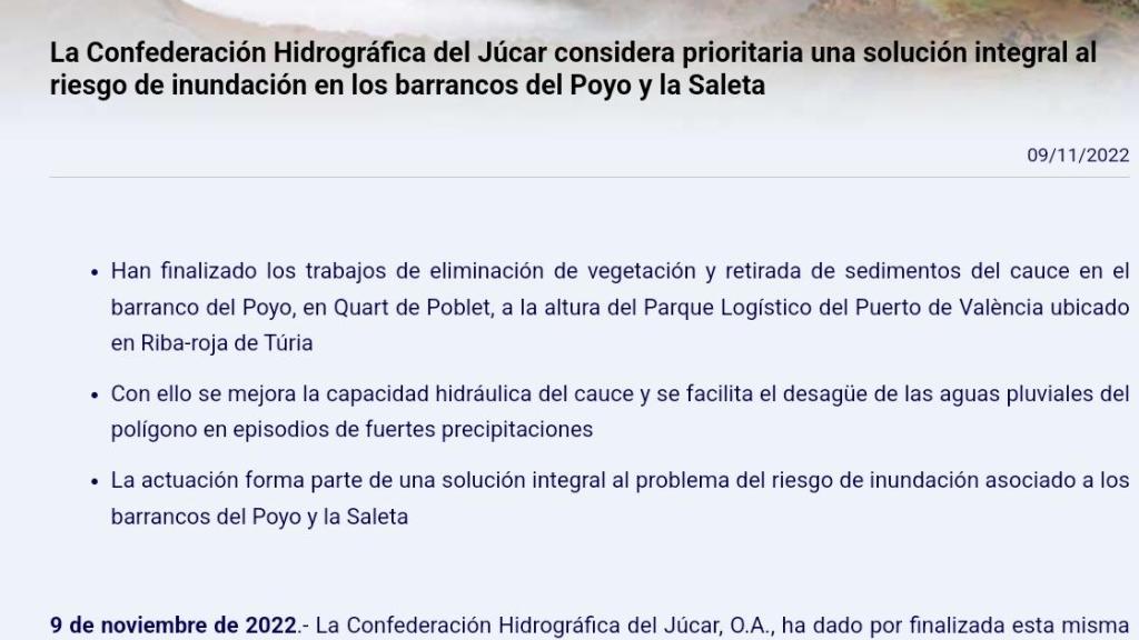 Nota interna de la CHJ, del 9 de noviembre de 2022, sobre obras en el barranco del Poyo.