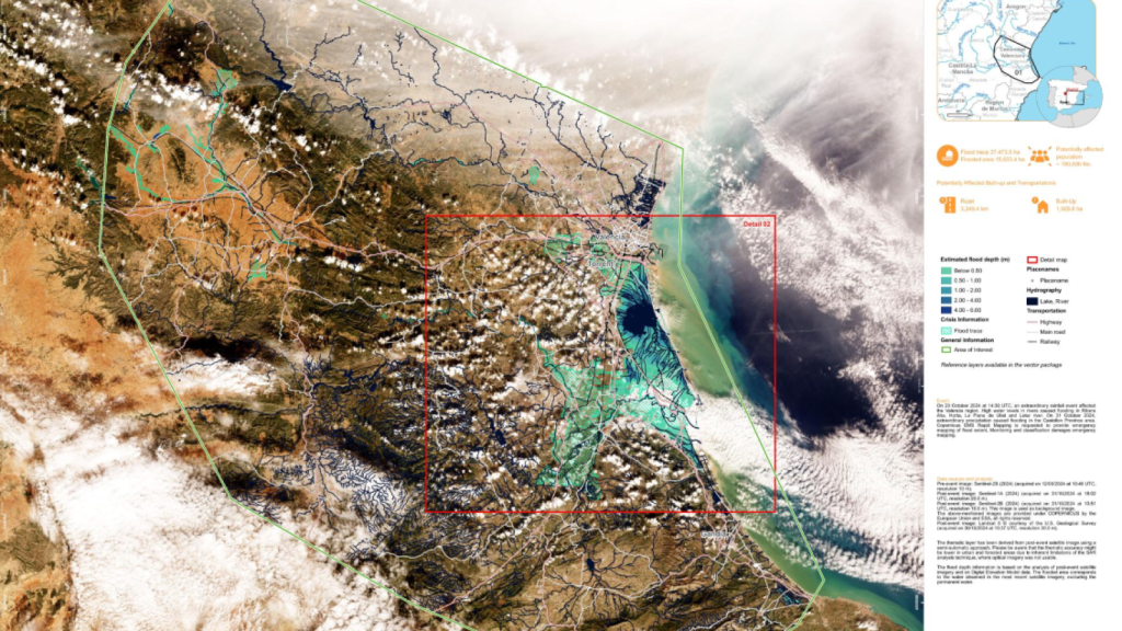 Situación de la comarca de Horta Sur, donde se encuentra la población de Paiporta, en otra imagen tomada por el sistema Copernicus el pasado 31 de octubre, dos días después de las inundaciones.