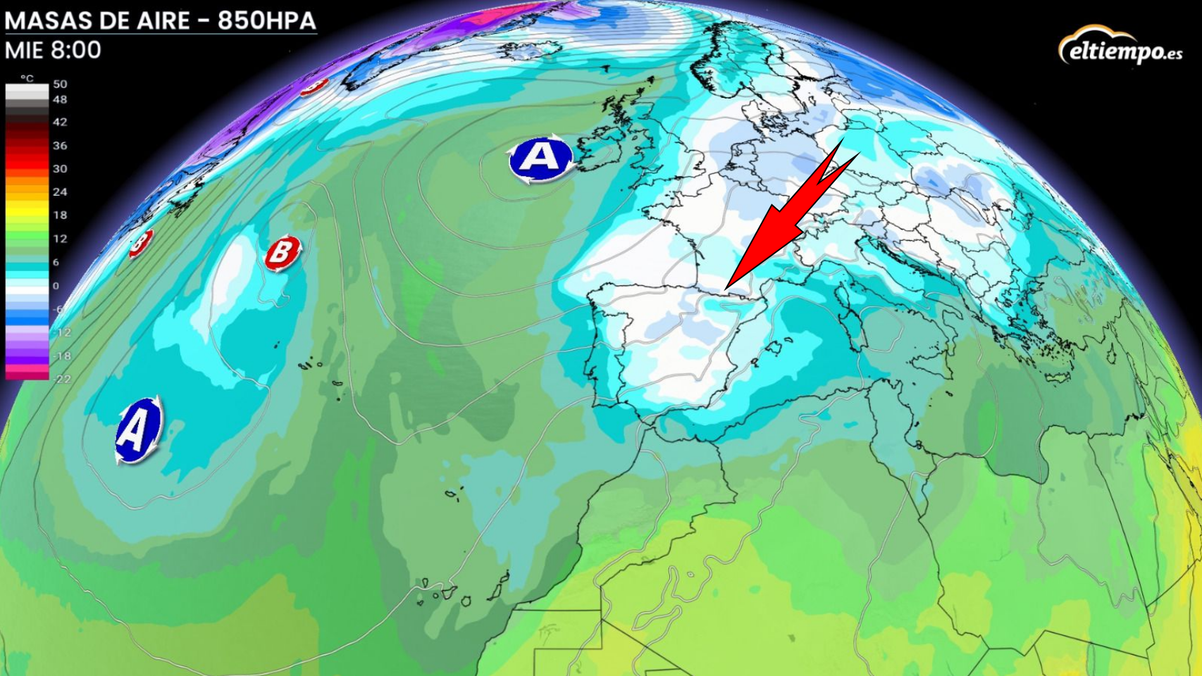 La entrada de aire frío desde el norte de Europa esta semana. ElTiempo.es