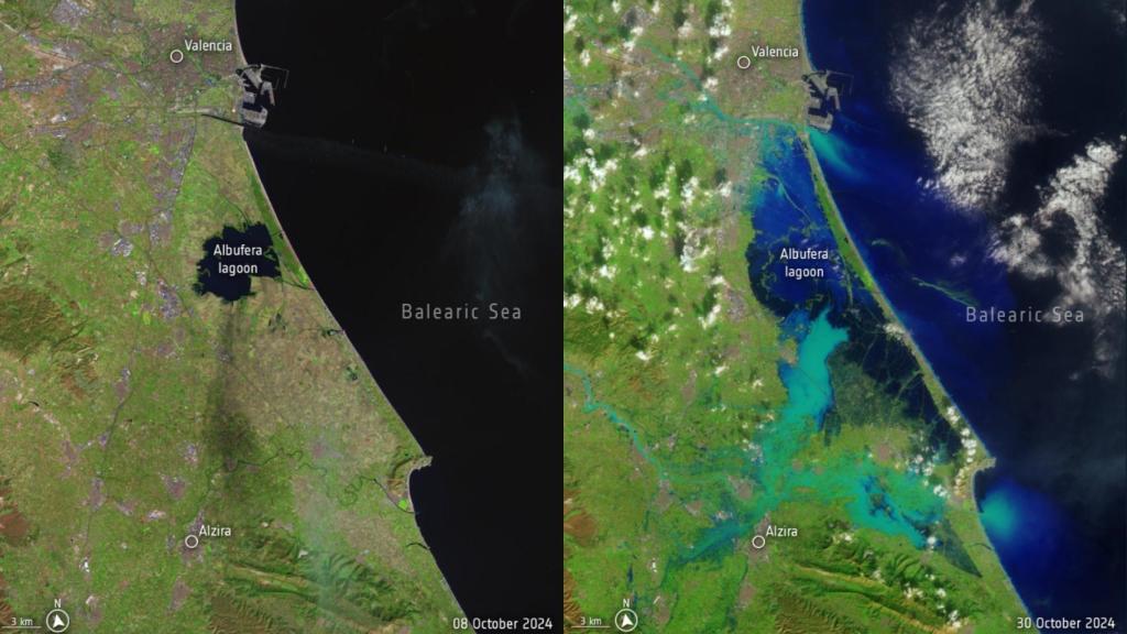 Comparativa de la situación de la costa valenciana entre el 8 de y el 30 de actubre, realizada por la Agencia Espacial Europea (ESA)  con imágenes del sistema Copernicus.