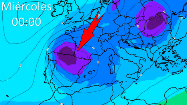 Las bajas presiones con precipitaciones y aire frío irrumpirán en la noche del martes al miércoles. Aemet.