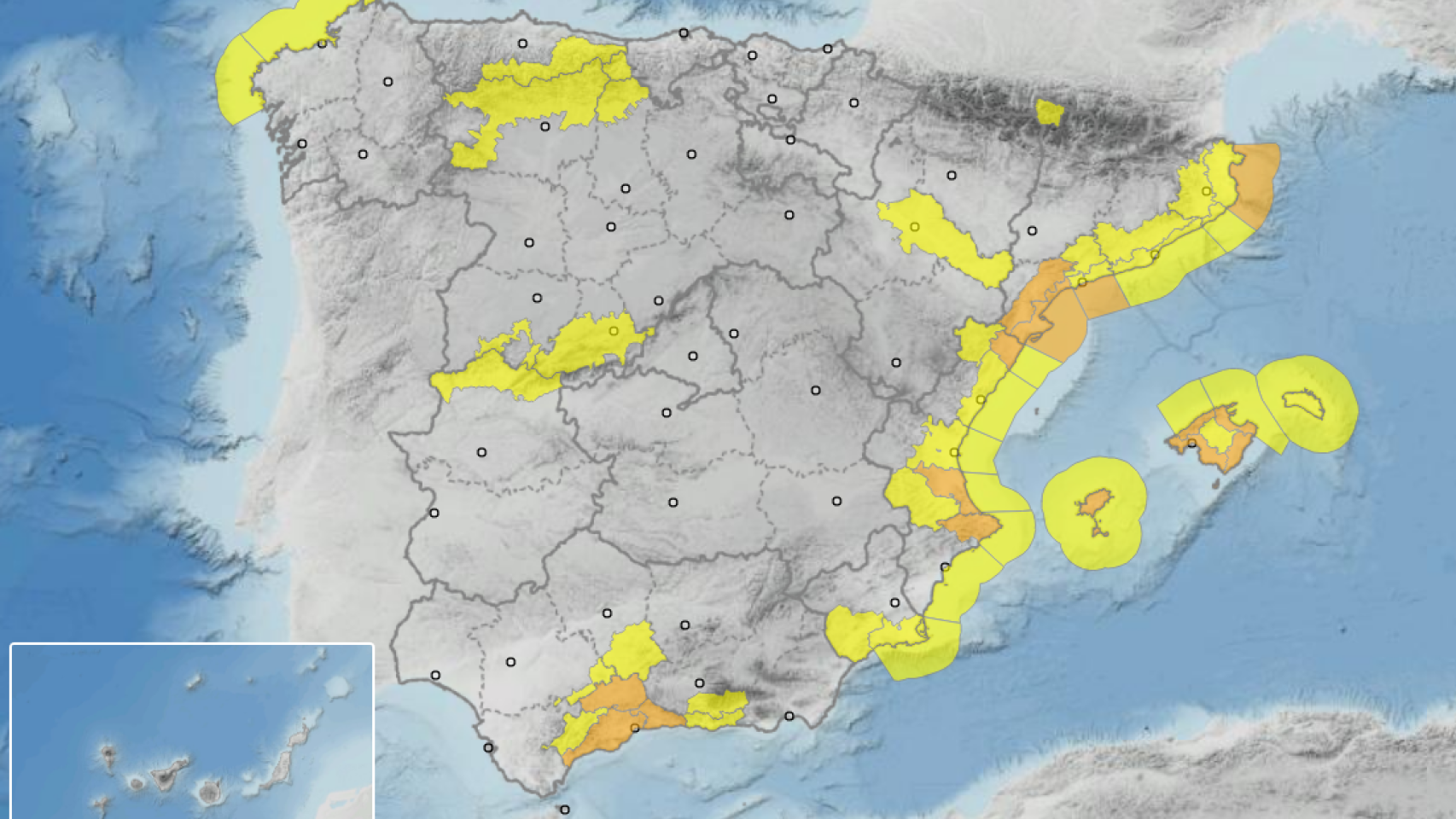 Mapa de los avisos amarillos y naranjas en España por fenómenos meteorológicos adversos