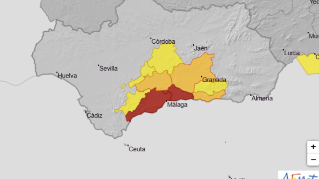 Mapa con los avisos por fuertes lluvias activos en Andalucía para este miércoles.