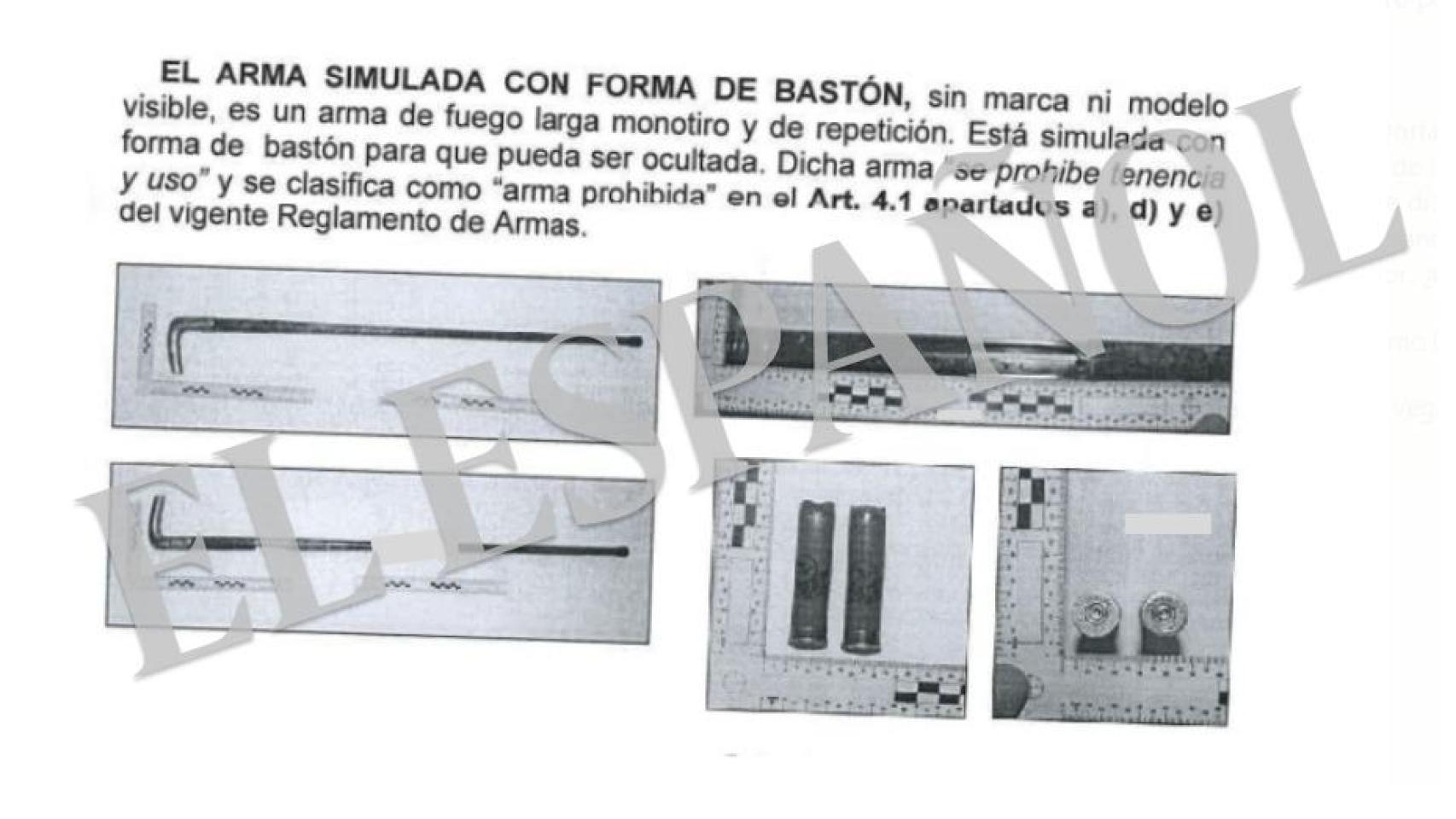 Informe policial de análisis del bastón-pistola y sus cartuchos.