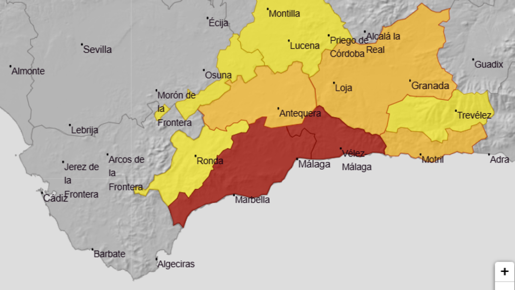 Mapa con los avisos por lluvias torrenciales en la provincia de Málaga.