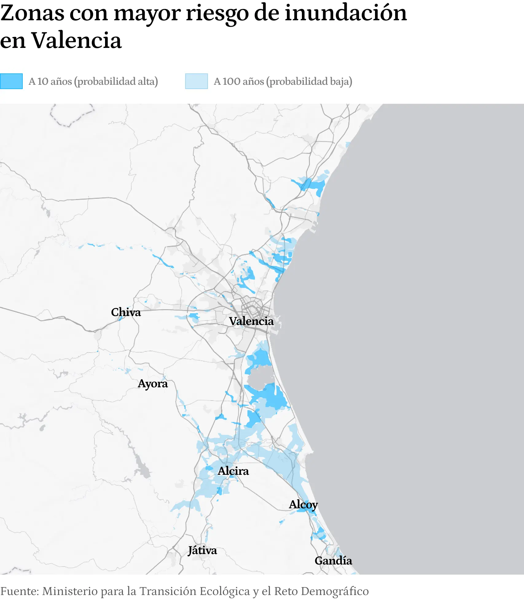 Zonas con mayor riesgo de inundación en Valencia.