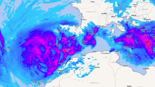 La borrasca fría situada al oeste de la península y las zonas con mayor precipitación acumulada. Meteored.