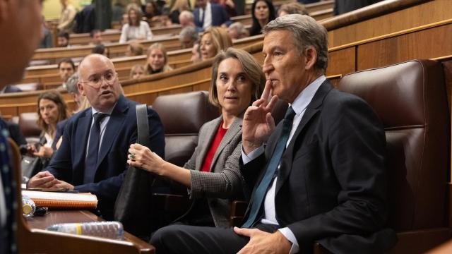 El portavoz del PP en el Congreso, Miguel Tellado; la secretaria general, Cuca Gamarra; y el presidente del partido, Alberto Núñez Feijóo, este miércoles.