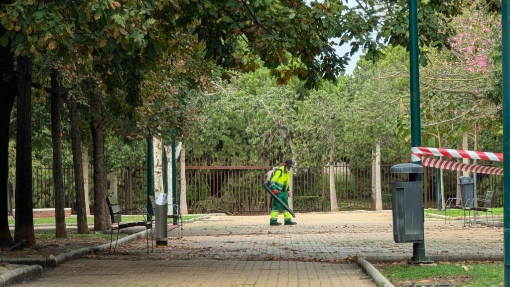 Unos jardineros ponen a punto el parque María Luisa.