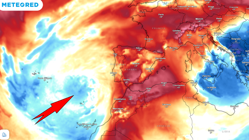 La borrasca fría (izquierda) impulsa masas de aire cálido hacia España. Meteored.