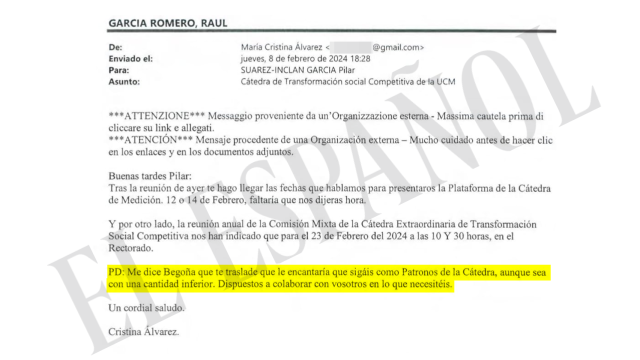 Correo enviado por la alto cargo de Moncloa a Reales Seguros instando a seguir financiando la cátedra de Begoña.