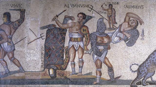 Mosaico pavimental con decoración de gladiadores y cazadores. Siglos III-IV d.C.