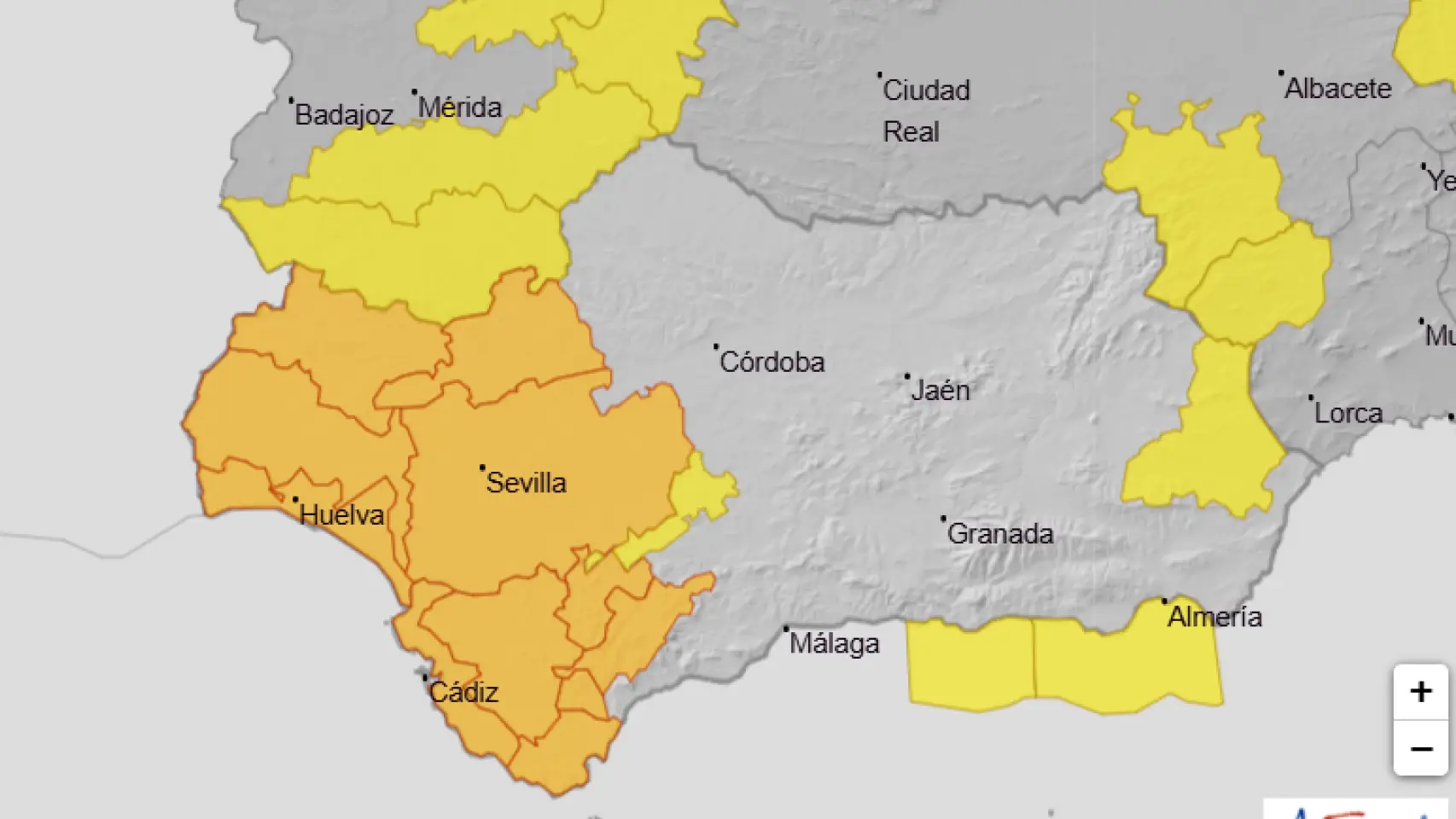 Mapa actual de avisos de Aemet en Andalucía.