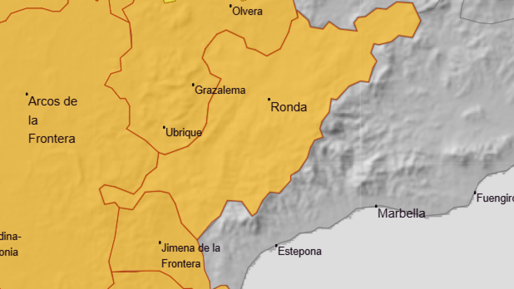 El aviso naranja por lluvias se queda en la comarca de Ronda hasta las 15.00 horas