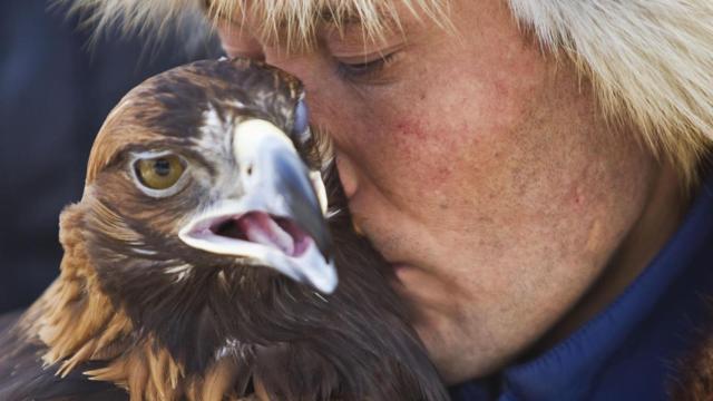 Un cazador kazajo susurra en su águila domesticada en una competición en Chengelsy Gorge, al este de Almaty.