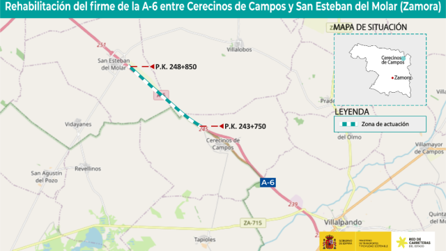 Afectación al tráfico en la A-6 por el inicio de las obras de rehabilitación del firme entre Cerecinos de Campos y San Esteban del Molar