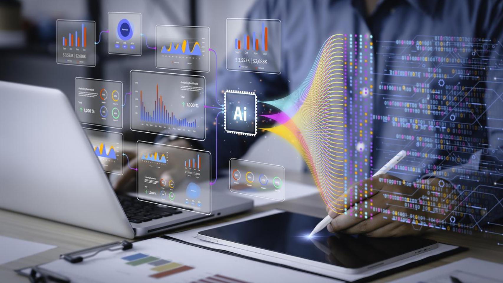 Ilustración de un científico analizando datos mediante inteligencia artificial.