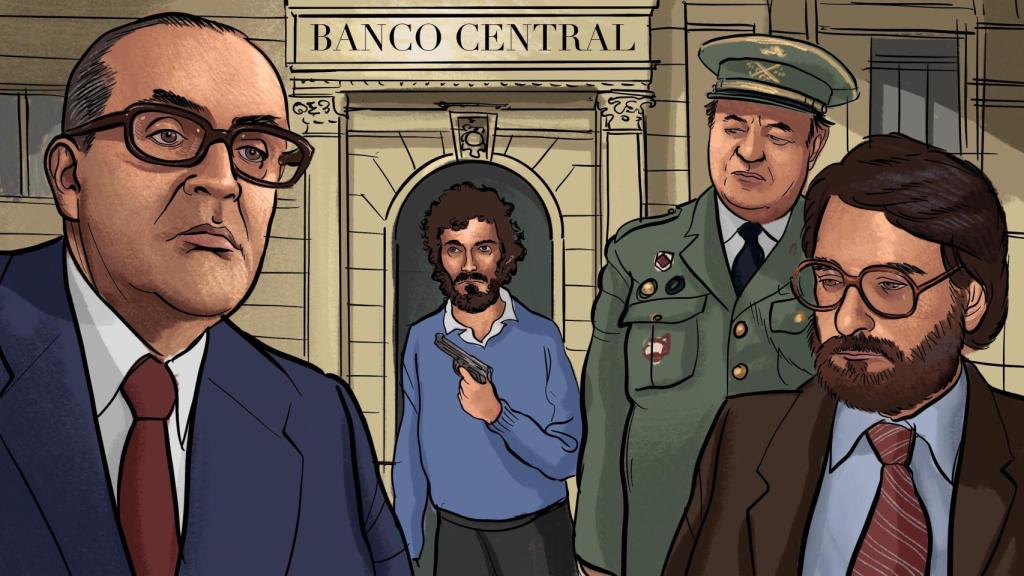 De izquierda a derecha, los protagonistas de aquel día: Leopoldo Calvo-Sotelo (presidente del Gobierno), El Rubio (cabecilla de los atracadores), general Aramburu Topete (director de la Guardia Civil) y Narcís Serra (alcalde de Barcelona).