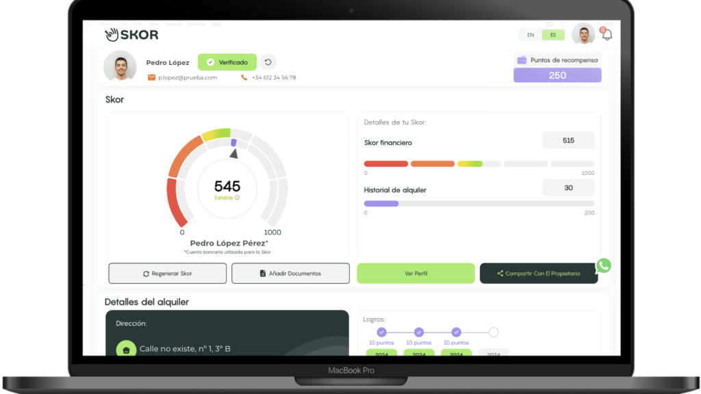 Plataforma de Skor para generar un perfil financiero del inquilino.