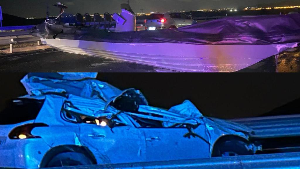 En la imagen de arriba, la narcoolancha que se desprendió de un remolque, causando una colisión múltiple en la vía rápida de La Manga. Abajo, estado que presentaba uno de los ocho vehículos implicados en este siniestro vial.