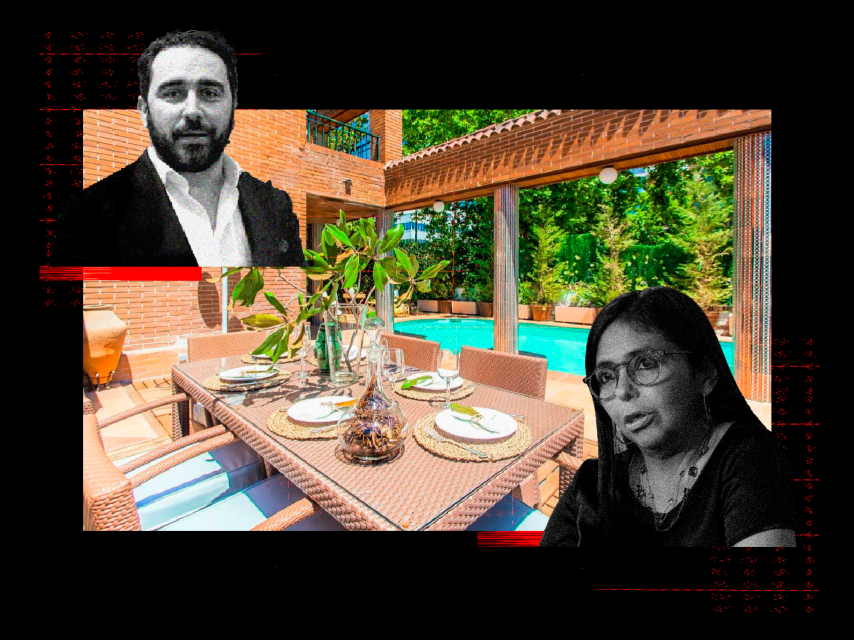 Víctor de Aldama y Delcy Rodríguez en un fotomontaje con el chalet que alquiló el comisionista para la visita secreta de la número 2 de Nicolás Maduro.