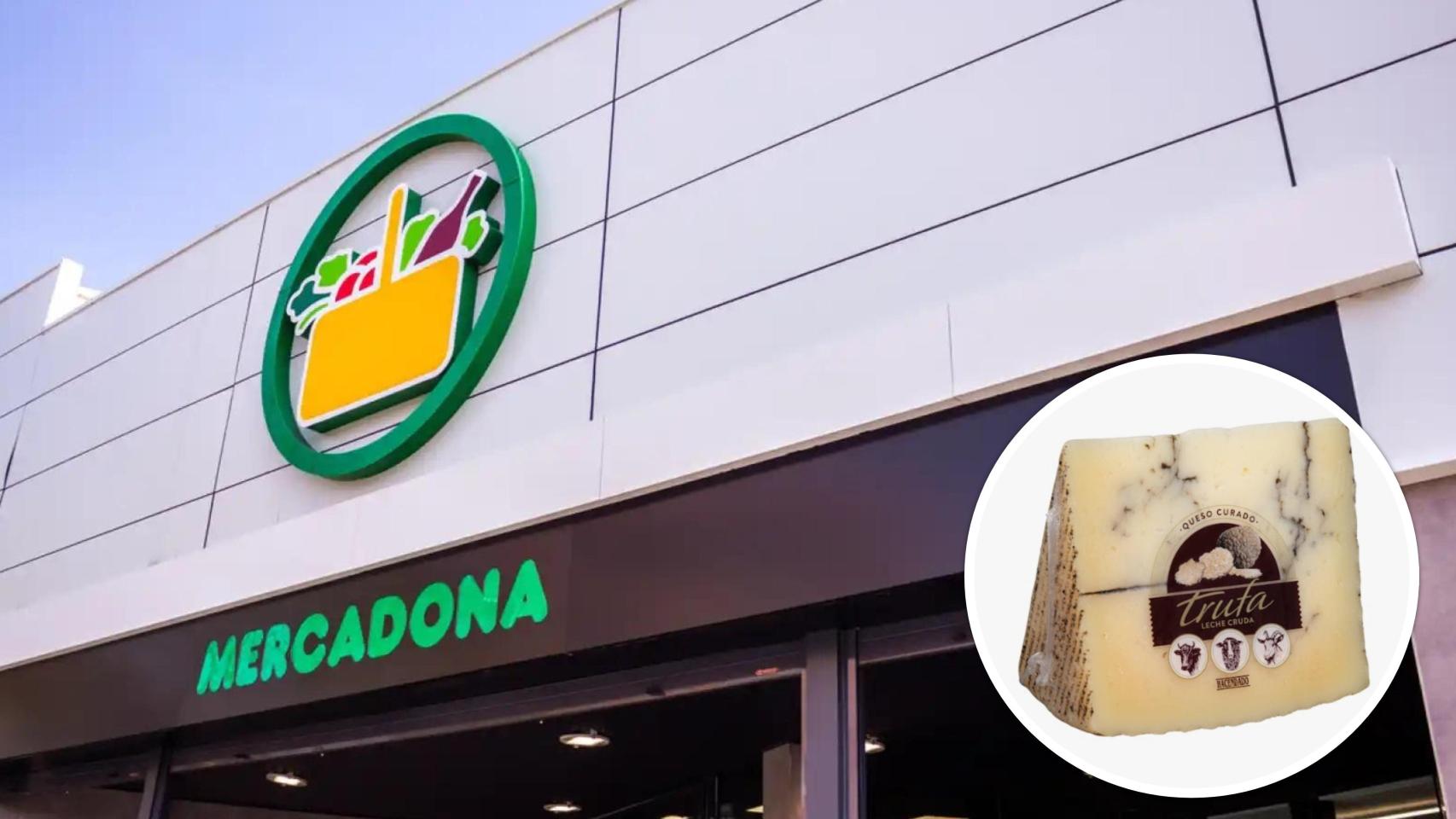 Un supermercado de Mercadona y, en el círculo, el queso que ha ganado una medalla en los World Cheese Award