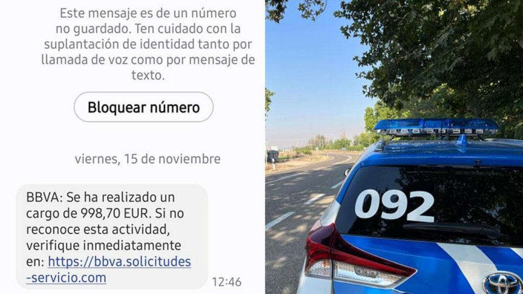 El SMS en cuestión y una imagen de la Policía Local