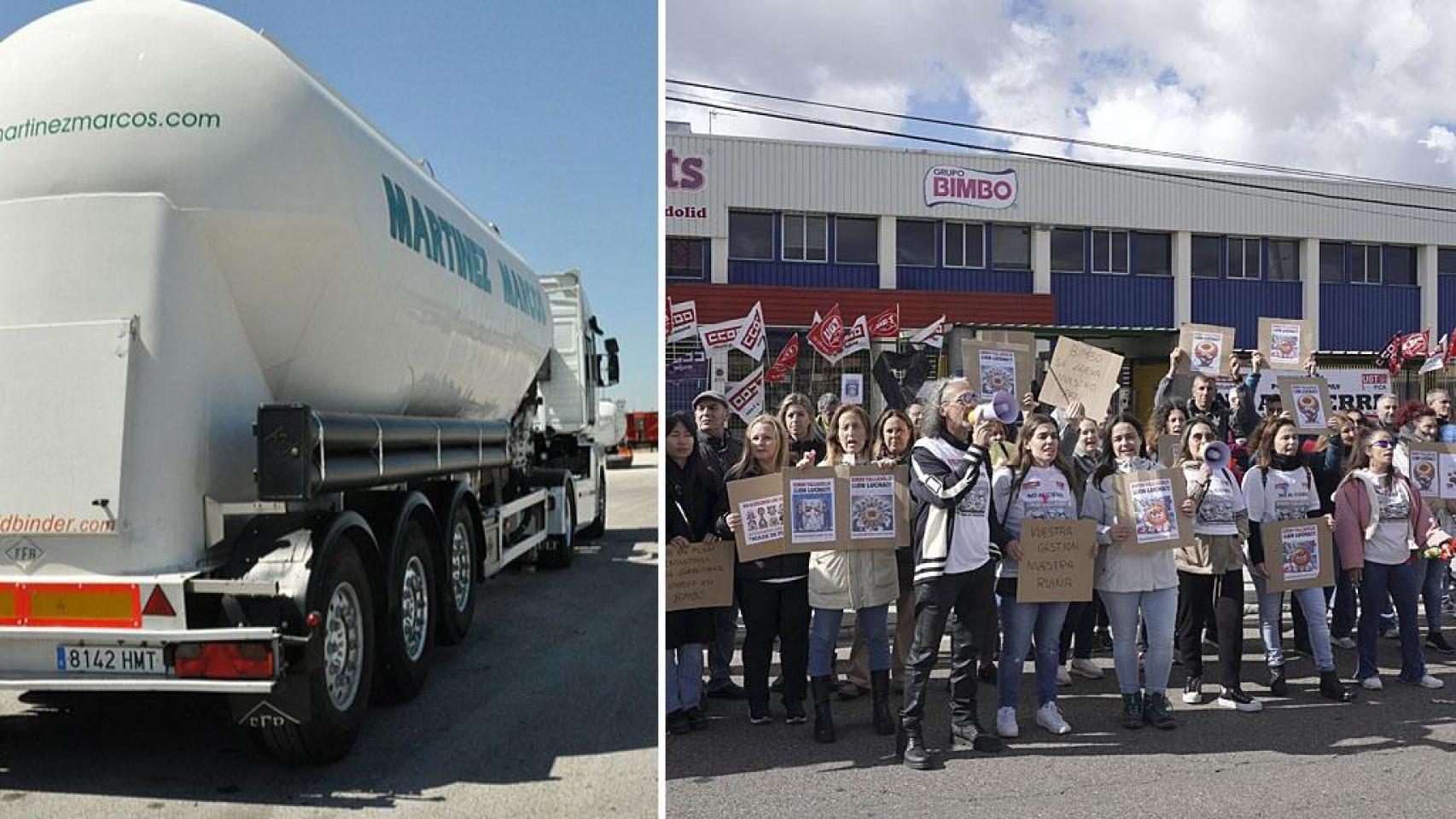 Un camión de Martínez Marcos y una manifestación de los trabajadores de Bimbo