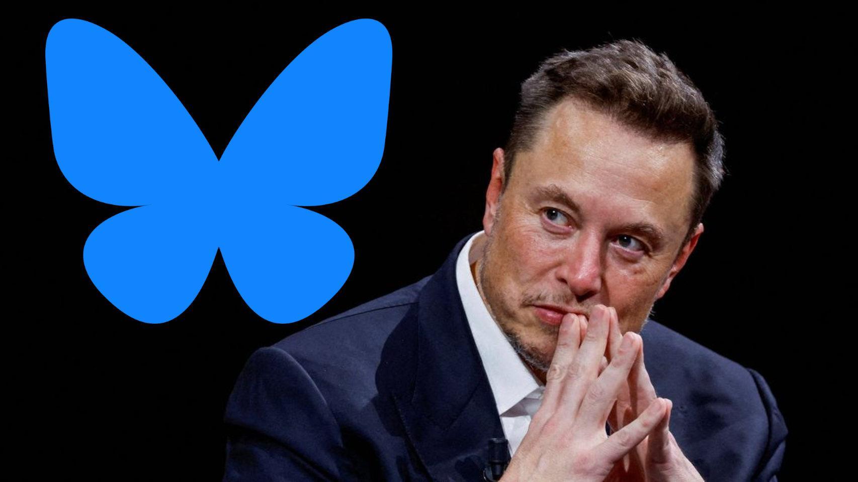 Fotomontaje de Elon Musk con el icono de Bluesky