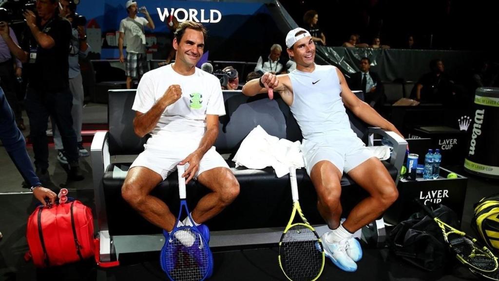 Roger Federer y Rafa Nadal, en un entrenamiento de la Laver Cup en 2019