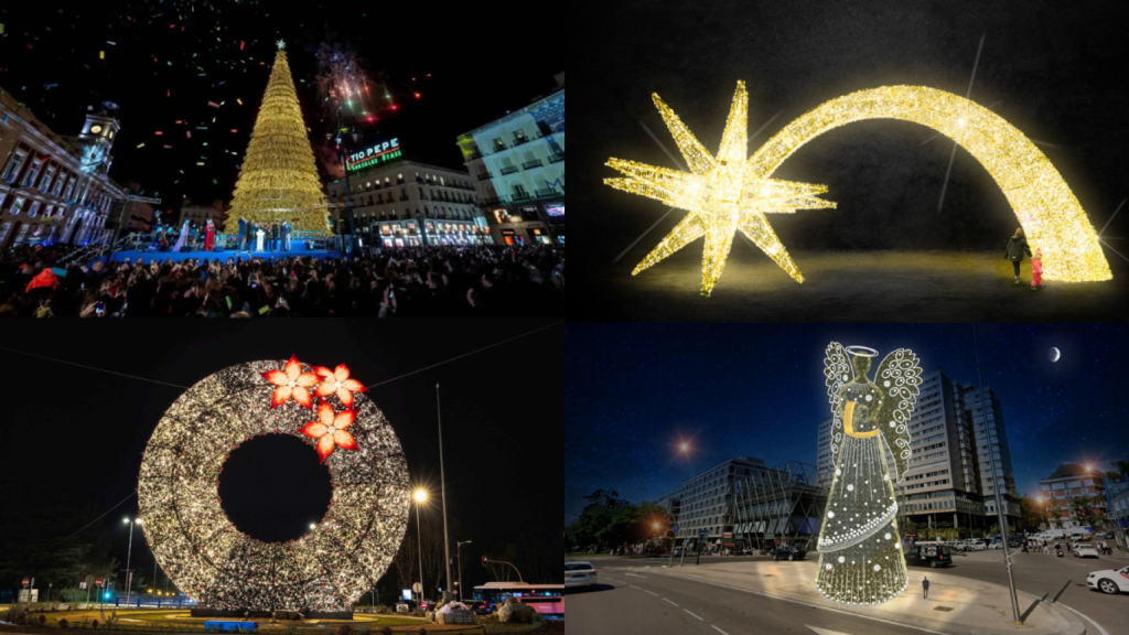 Arriba, el árbol de Sol de las Navidades pasadas y la nueva estrella ornamental de Cea Bermúdez. Abajo, en el mismo orden, la gran corona de Moncloa y el ángel de Colón.