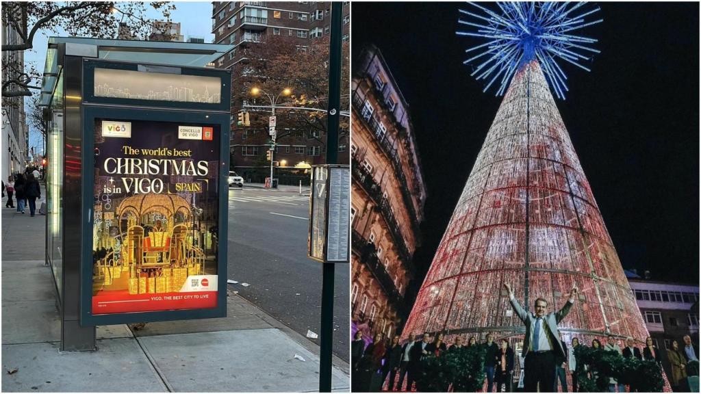 A la izquierda, la imagen de Vigo en Nueva York, a la derecha, Abel Caballero y el árbol de la Navidad.