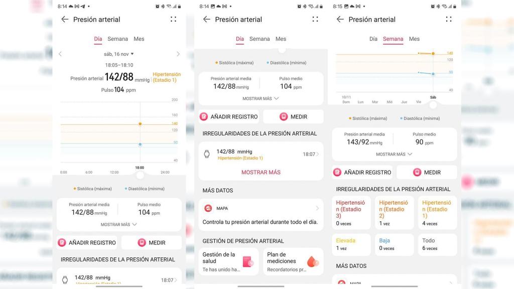 Gráficas de la medición arterial en la app Huawei SALUD en el móvil