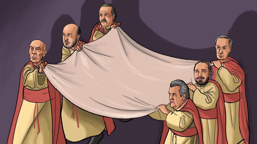 De izda a dcha y de abajo arriba: José Amedo, Luis Roldán, Van Schouen, Luis Bárcenas, Víctor de Aldama y el coronel Perote. ILUSTRACIÓN DE GUILLERMO SERRANO