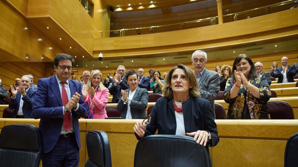 El ministro Óscar López aplaude a Teresa Ribera, tras su discurso ante el Senado por la gestión de su Miniserio en la DANA.