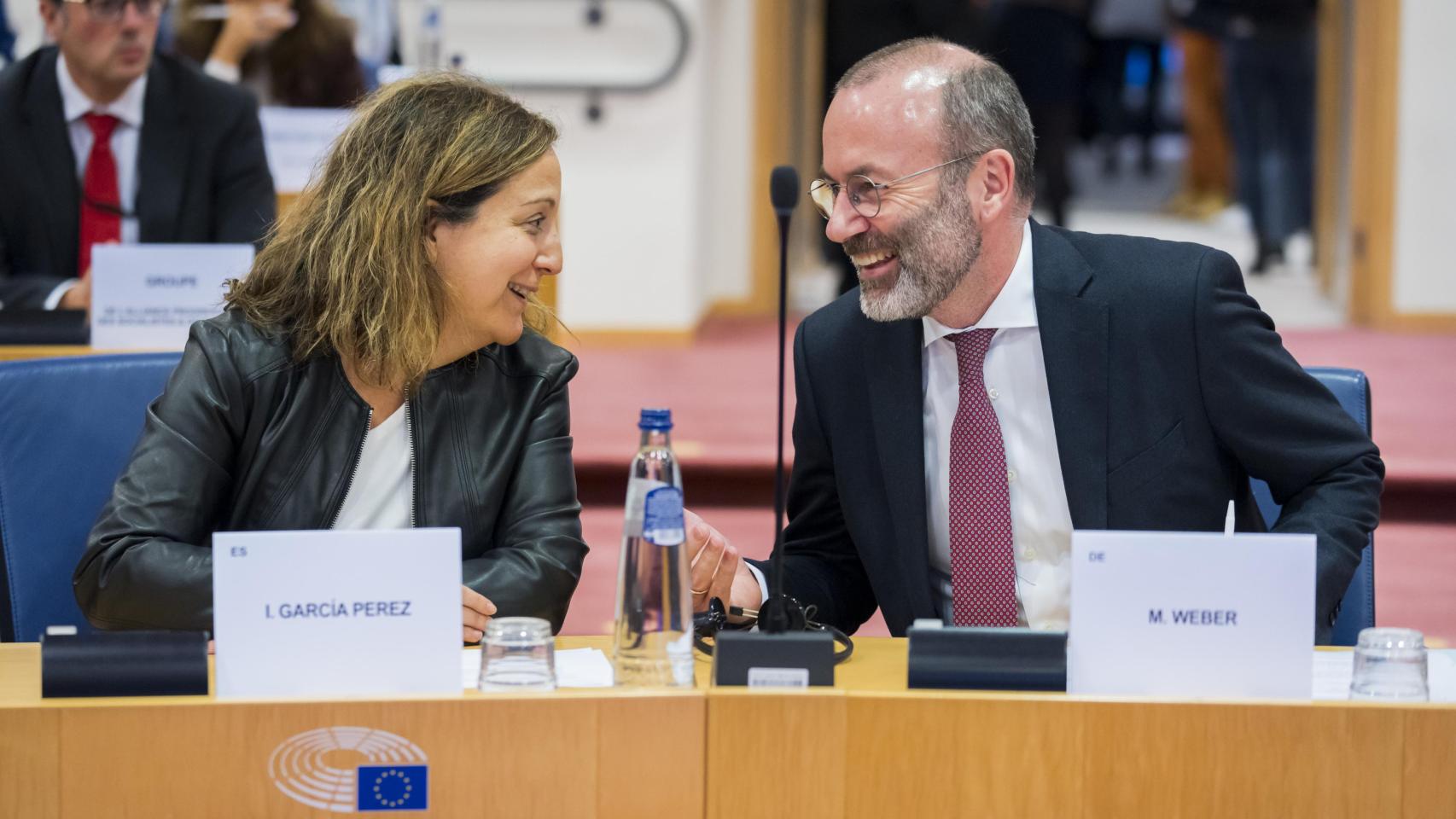 La líder de los socialistas europeos, Iratxe García, y el jefe del PPE, Manfred Weber, en la reunión de este miércoles de la conferencia de presidentes de la Eurocámara